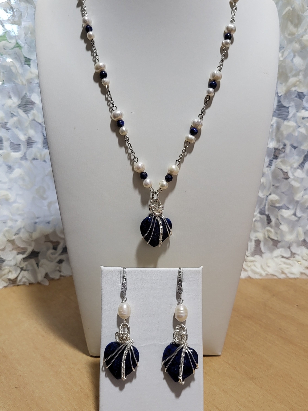 Lapis Lazuli Heart with Pearls necklace & Earrings Wrapped With Silver Wire